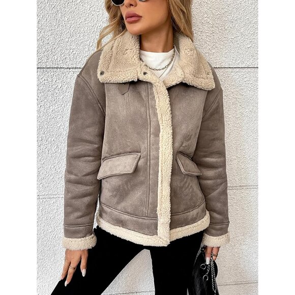 Women's Faux Leather Jacket Patchwork Fur Coat Moto Zipper Sherpa Shacket Brown - Picture 3 of 6